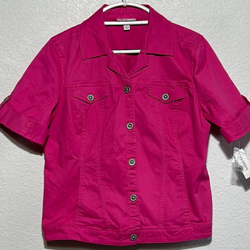 Dressbarn pink short sleeve jean jacket style blazer jacket, size large, NWT